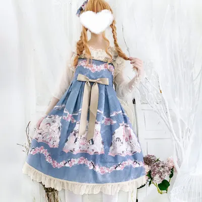 

Cute JSK Lolita Dress Pink Lace Bowknot Falbala Sweet Printing Kawaii Girl Cosplay Loli Costume Hair Band Clasp