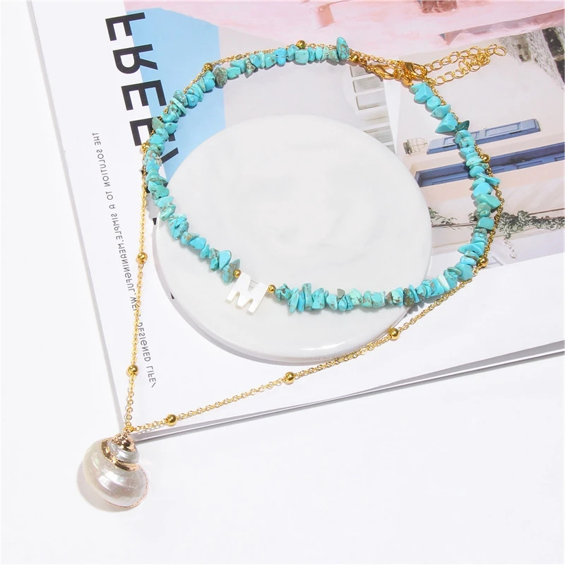

2 Pieces Bohemia Initial Letter Charm Necklace For Women Choker Shell Pendant Natural Chip Stone Clavicle Chain Femme Jewelry