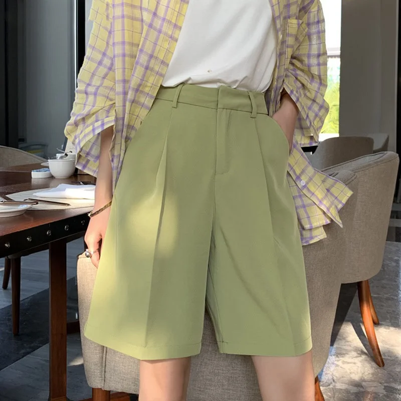 

Модные женские шорты с высокой талией, повседневные женские свободные шорты средней длины с поясом и карманами, весна-лето 2021