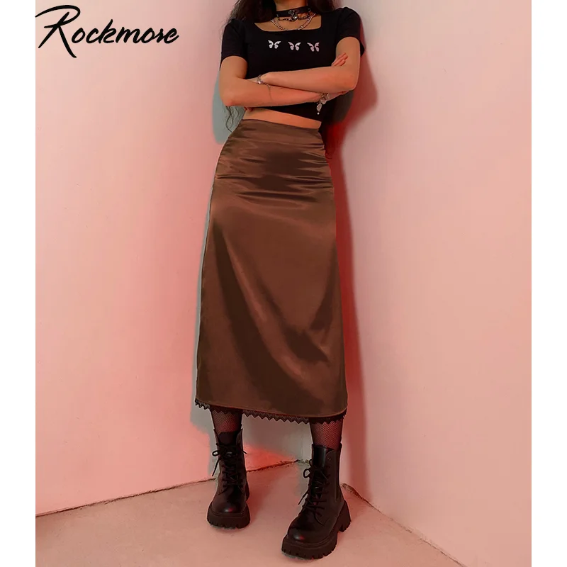 Rockmore коричневая Y2K винтажная кружевная атласная Женская юбка миди Harajuku прямые