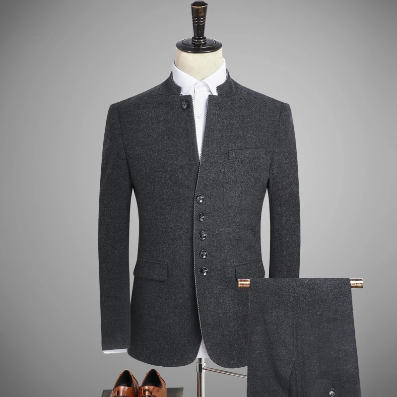 

Men's Blazers Winter Chinese Business Casual Woolen Thick High End Stand Collar Suit 2 Pieces Sets Coat Pants Trousers Jacket