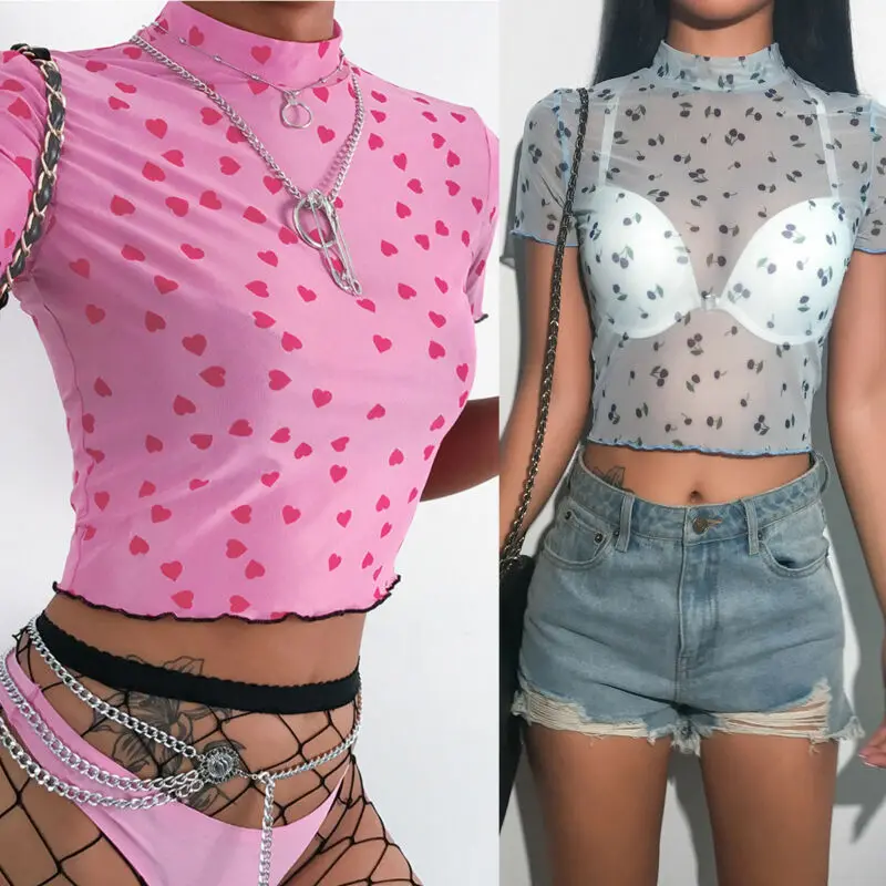 Женская сетчатая водолазка с маленьким красным сердечком 2019 прозрачные дымчатые