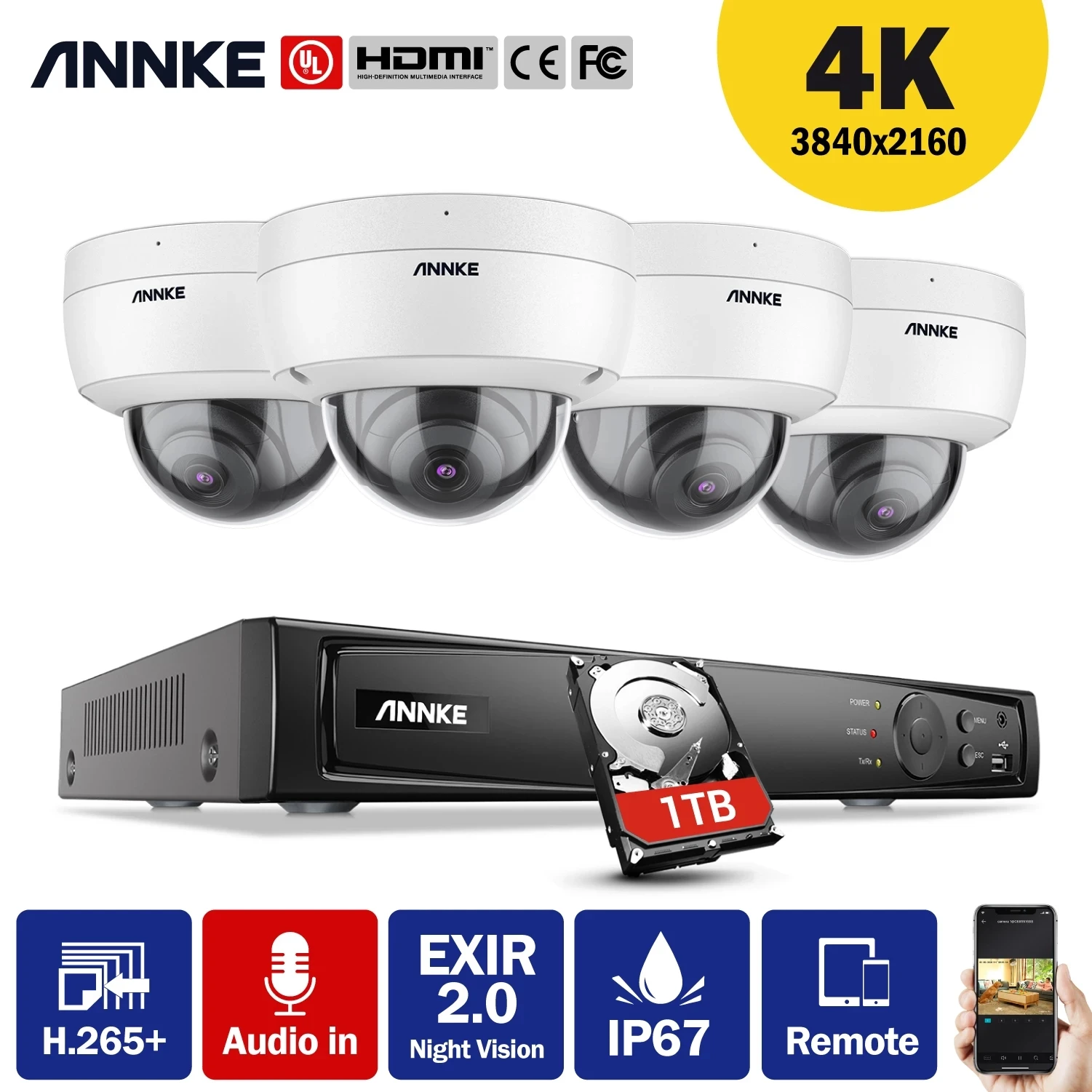 

ANNKE 8CH 4K Ultra HD POE Network Video Security System 8MP H.265+ NVR With 4pcs 8MP Weatherproof IP Camera CCTV Security Kit