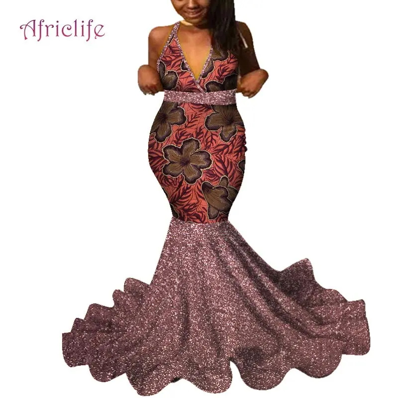 Dashiki African Wedding Long Skirt Sexy Deep V Party Dresses for Women African Print Sleeve Women Clothing WY4641