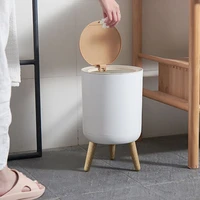 fashion high foot imitation wood dustbin round desktop with press cover trash can living room toilet kitchen garbage bucket