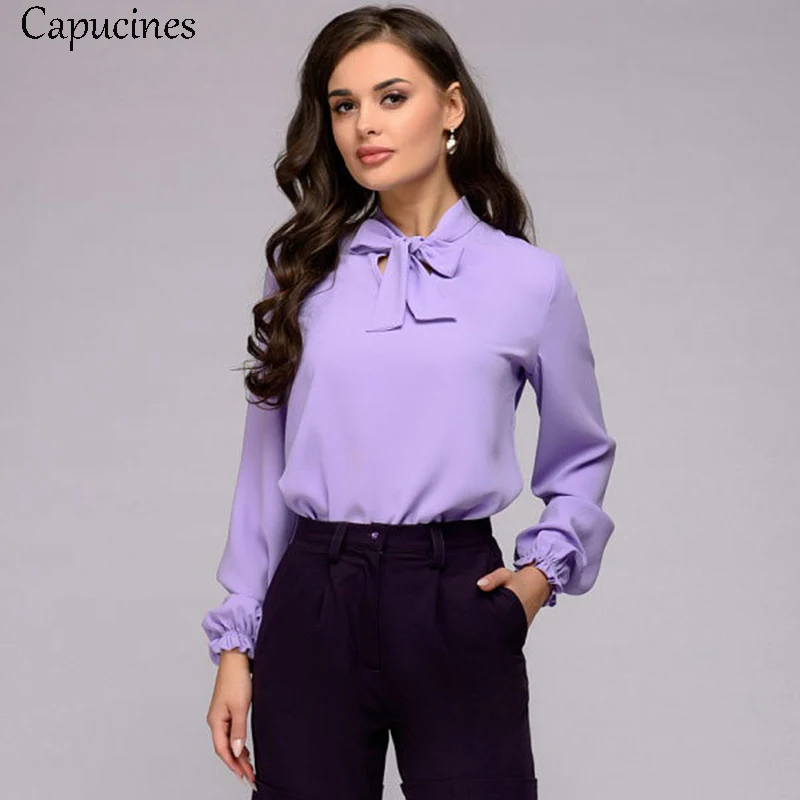 Capucines элегантный Галстук-бабочка Рубашка Блузка женская Офисная леди Шифоновые рубашки весна осень Сплошной цвет Длинный рукав Повседневные блузки Розовые топы для женщин