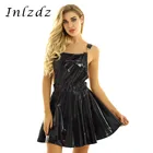 Женское блестящее латексное платье с металлическими подтяжками, на лямках, Клубная одежда, ТРАПЕЦИЕВИДНОЕ ПЛАТЬЕ, плиссированный комбинезон, сарафан, Пляжное Платье