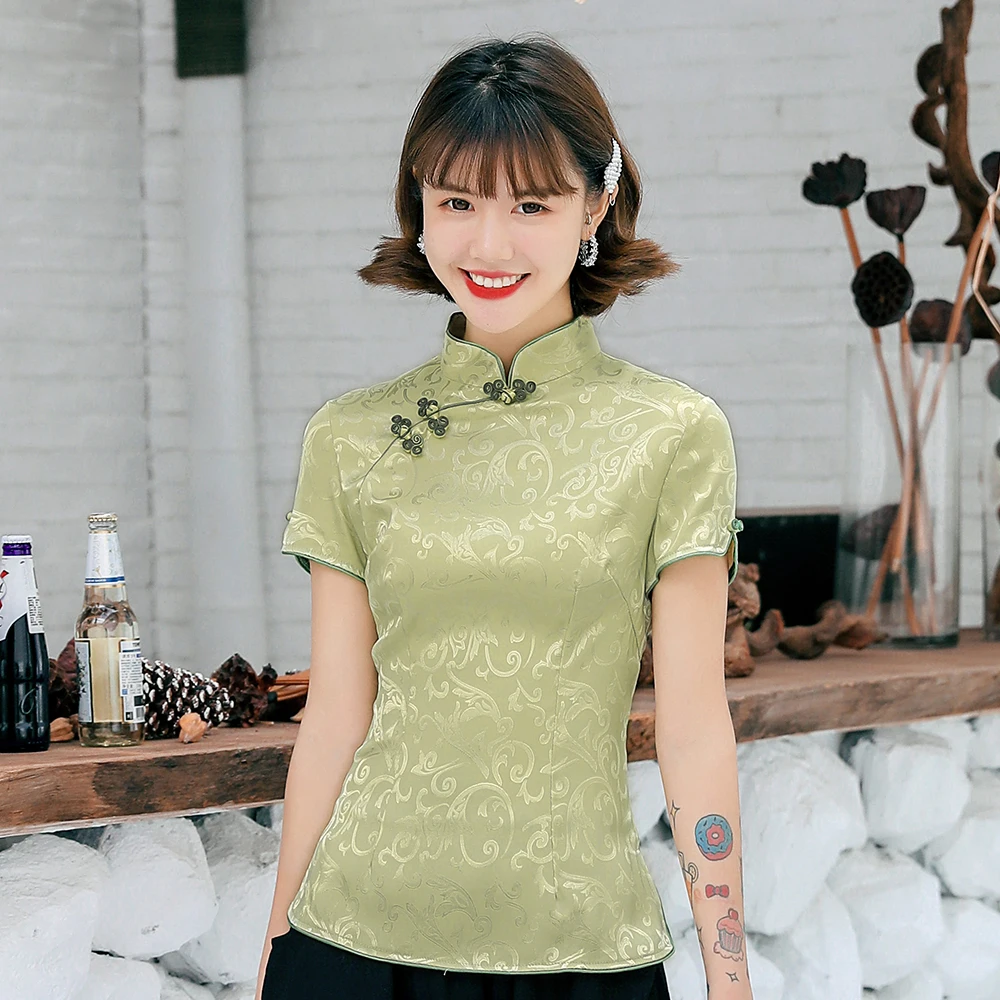 

Chinese Style Shirt Spring Cotton Slim Blouse Plus Size Cheongsam Tops Chinese Traditional Mandarin Collar Soft Satin Tang Coat