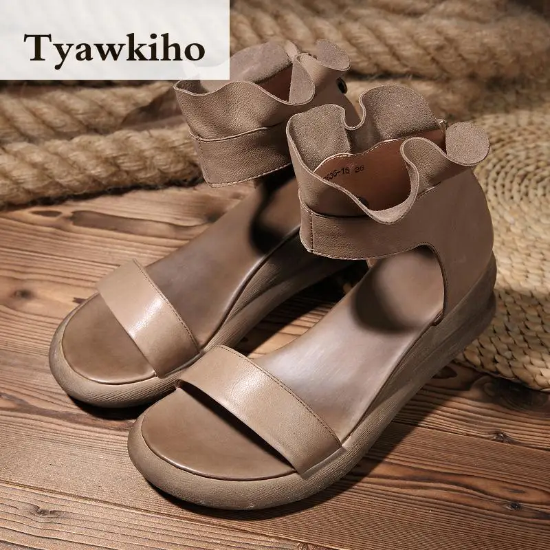 Tyawkiho/женские босоножки из натуральной кожи; Летняя обувь с ремешком на щиколотке; кожаные босоножки на высоком каблуке 7 см; обувь на танкетке в стиле ретро; ручная работа;