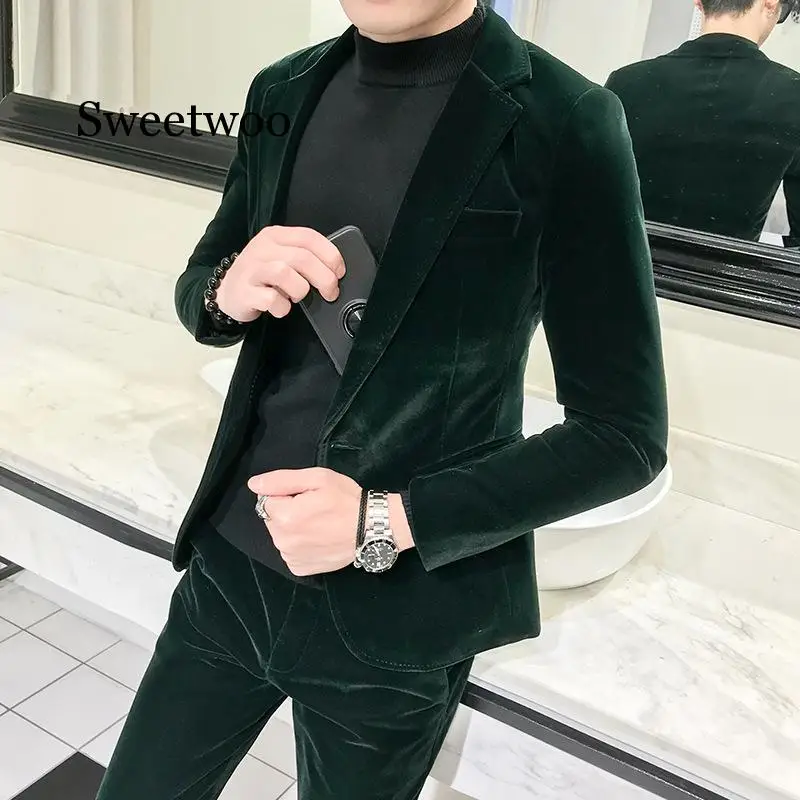 2020 Autumn New Style Men's Suede Blazer Stylish Slim Fit Single-Button Plain Jacket Suit Pants Set | Мужская одежда