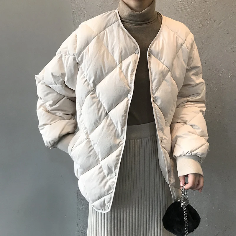 

2021 Winter New Women's Cotton Jacket Korean Version of Urban Casual Loose Warm Diamond Lattice Dark Buckle S-L Size Parkas
