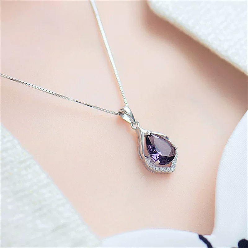 

Korean Fashion Silver Water Drop Pendant Necklace Female Multi-Color Natural Amethyst Pendant Necklace Snake Chain Clavicle Chai