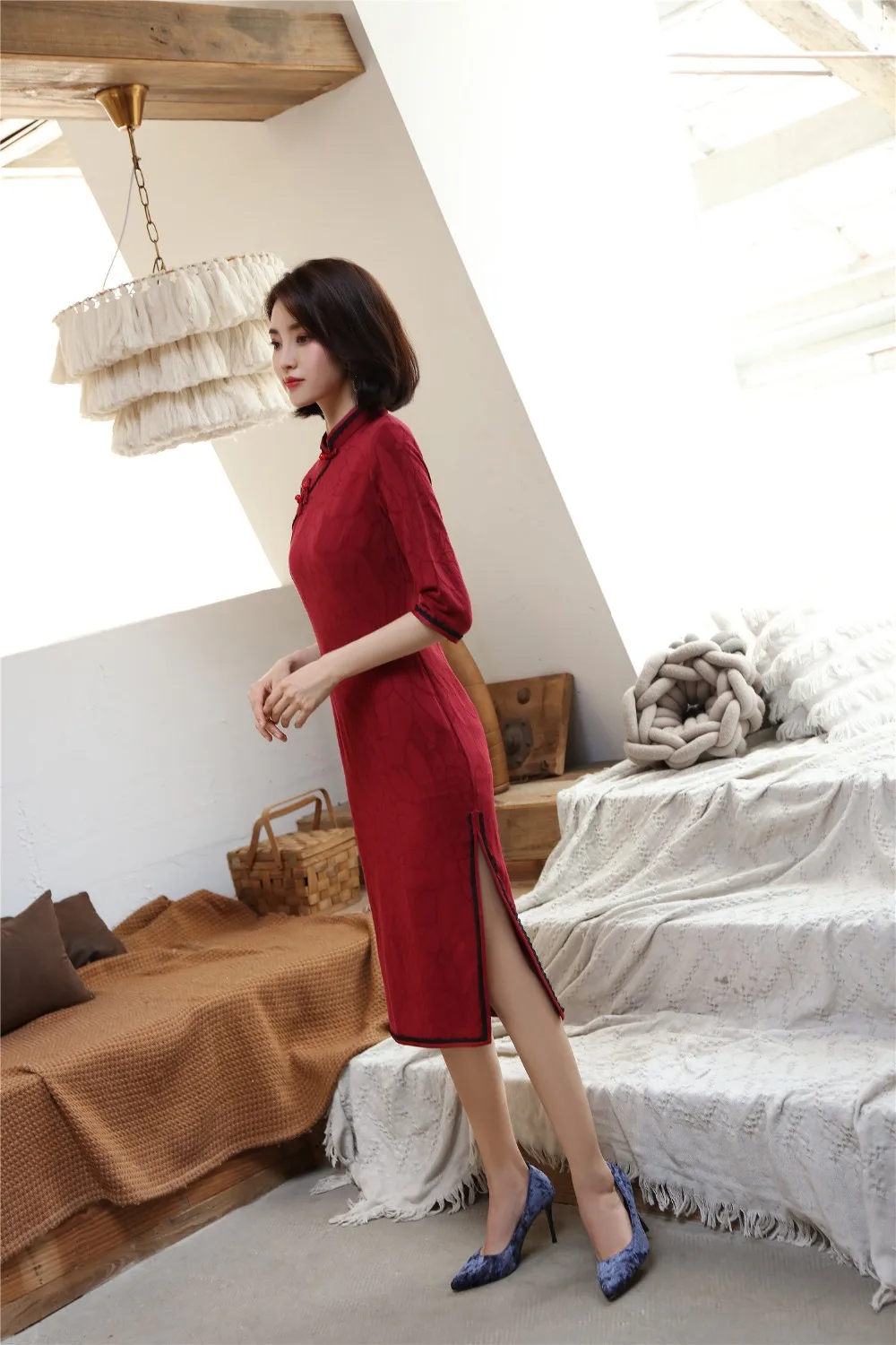 Шанхай история Половина рукава по колено cheongsam платье хлопок лен Винтаж Ципао китайское платье китайский стиль платье для женщин