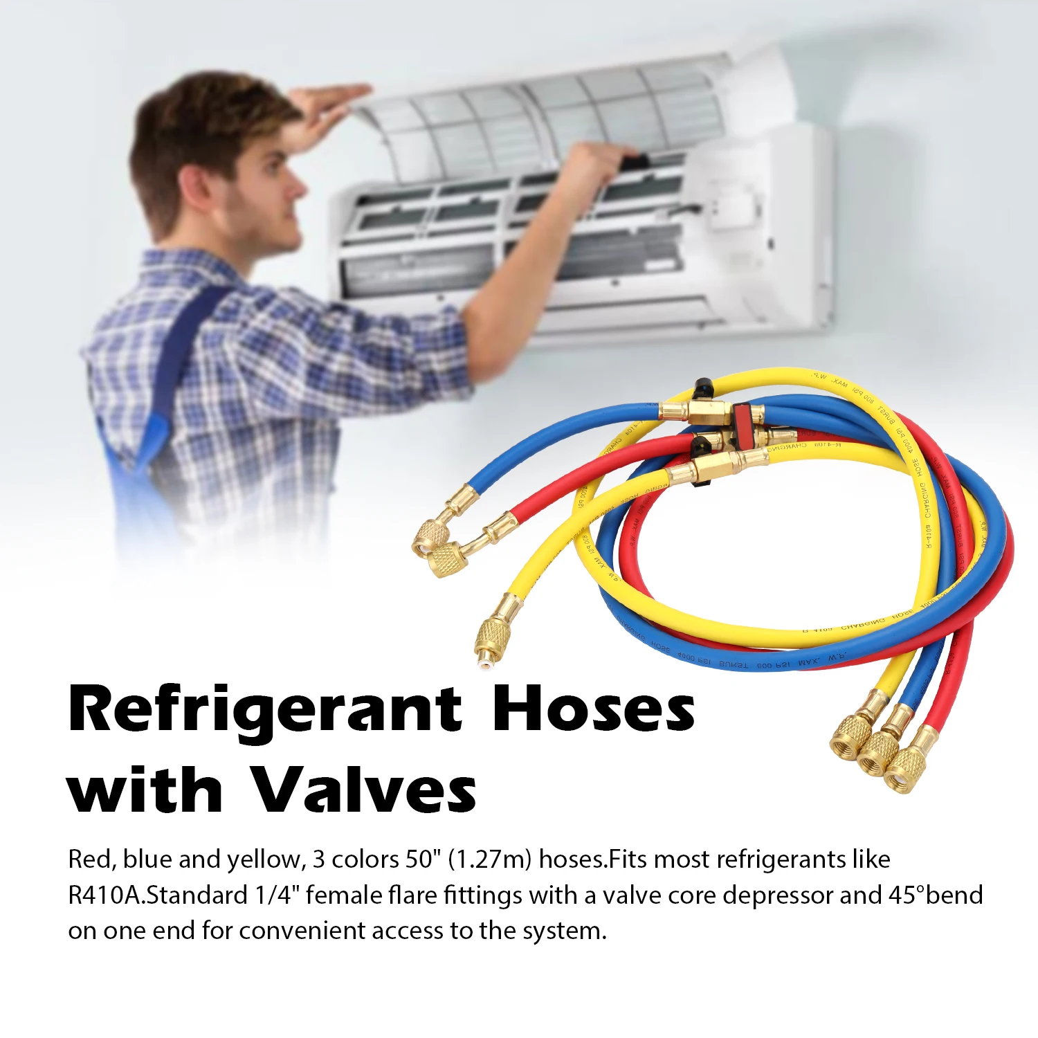 

R410A Air Conditioning Refrigerant Charge Hose 50''/1.27m Long Red/Yellow/Blue Tubes with Shutoff Ball Valves