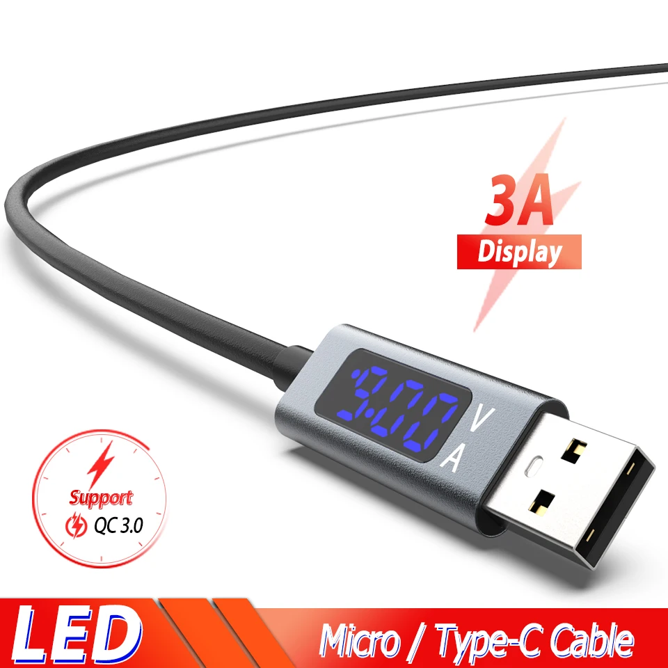 Быстрый зарядный кабель Micro usb type C светодиодный кабель с дисплеем USB C для samsung S10 S9 Note 10 plus Redmi Note 8 7 pro телефонный кабель