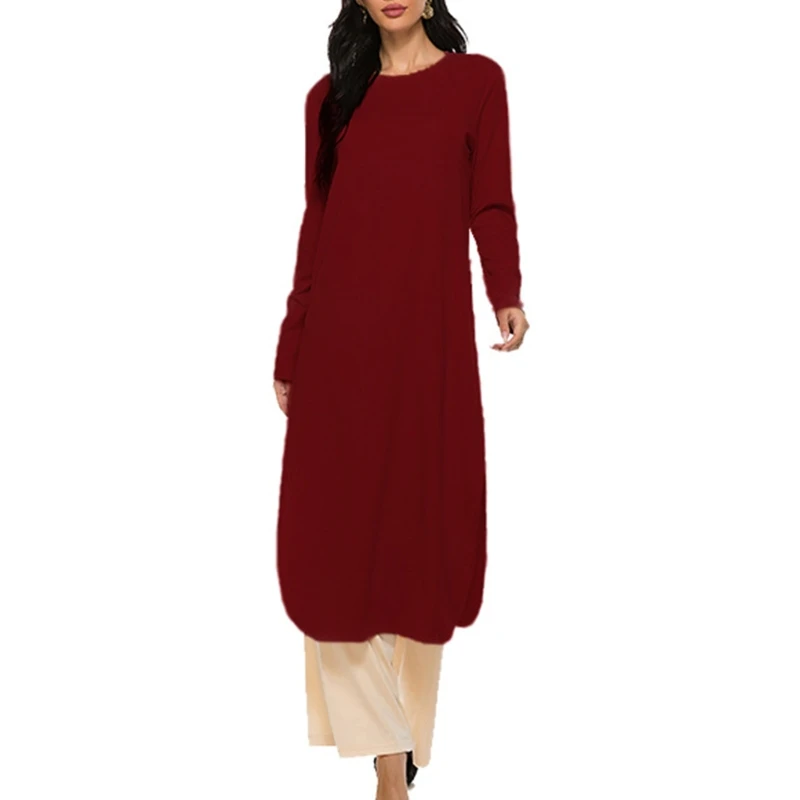 

Women Muslim Outfit Set Long Sleeve Side Split Dress Tops Wide Leg Pants Abaya