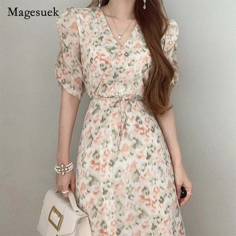 

2021 Vintage Summer Women Print Dress V-neck Bubble Sleeve Floral Chiffon Dresses Elegant High Waist Long Dress Vestido 14534