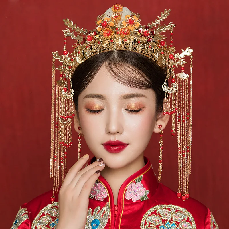 

Традиционный китайский корона для Свадебные аксессуары для волос Стразы бисером диадемы серьги головной убор невесты ювелирные изделия ...