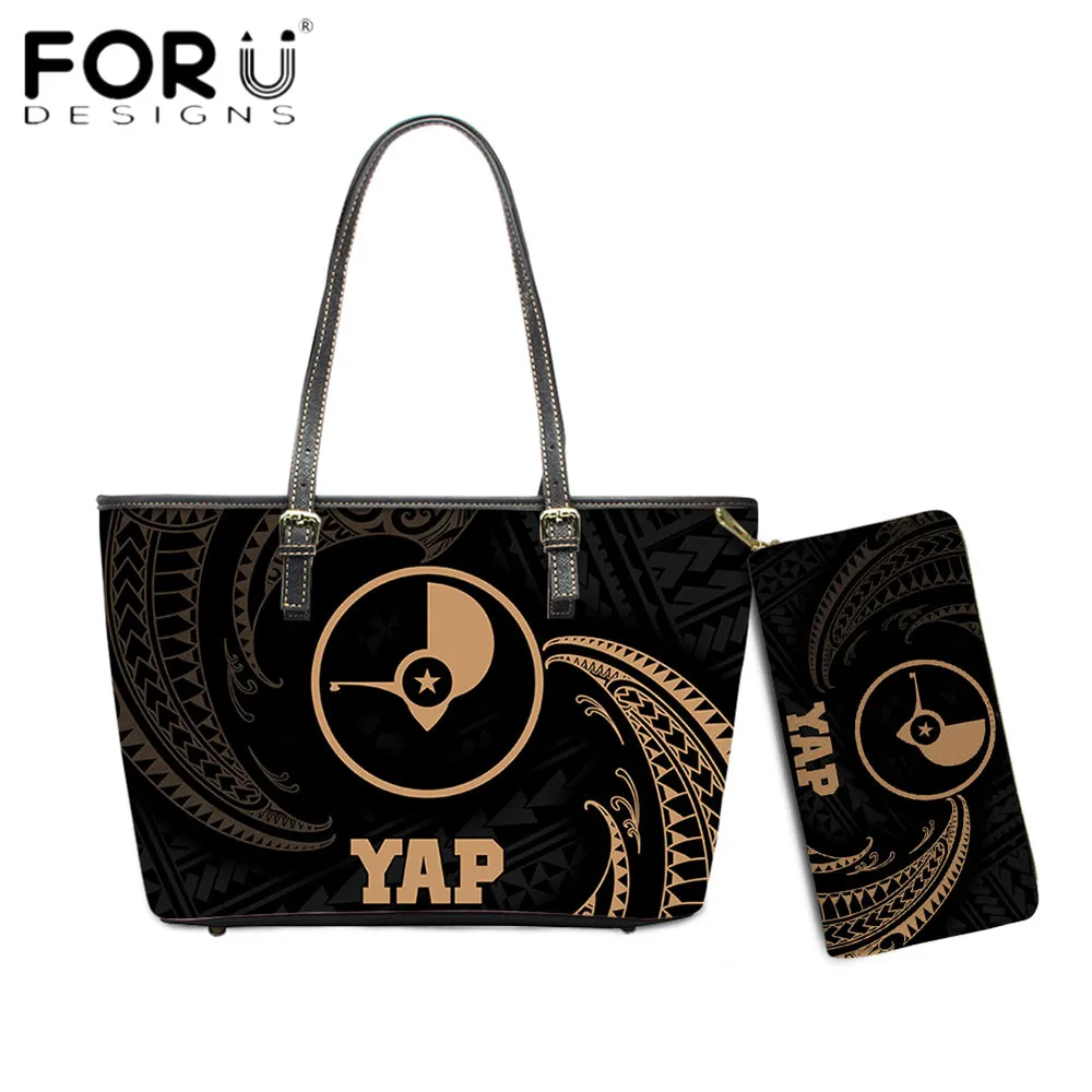 

FORUDESIGNS Women's PU Leather 2pcs Set Bag Yap Polynesian Tribal 3D Printing Large Capacity Luxury Brand Design Totes Bolsa