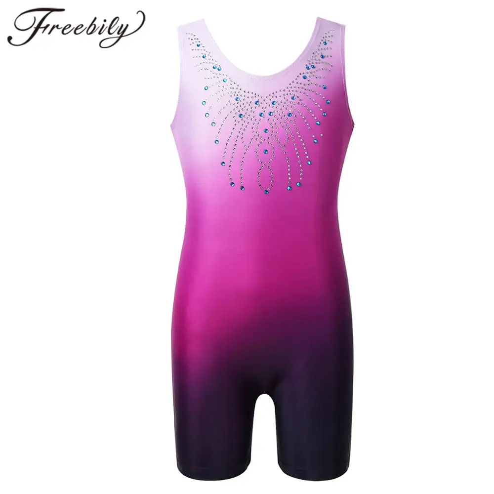 

Girls Gymnastics Leotard One Piece Sparkly Shiny Diamond Sleeveless Gradient Color Kids Ballet Dance Unitard Biketard Dancewear