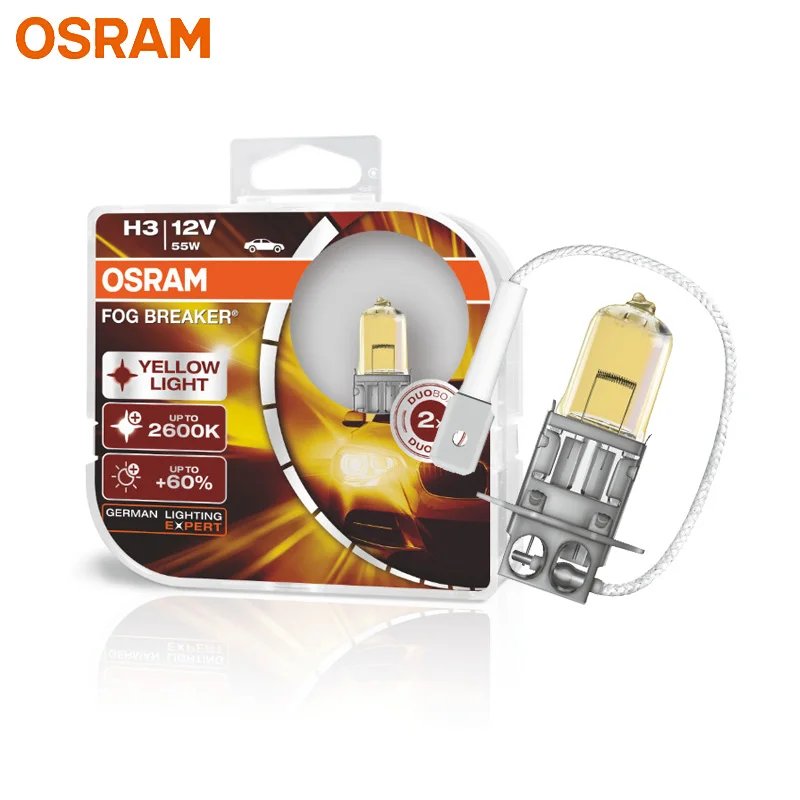OSRAM H3 Yellow 62151FBR Halogen Fog Breaker 12V 55W Car Original Fog Lamps 2600K Light +60% Brighter Genuine Auto Bulb, Pair