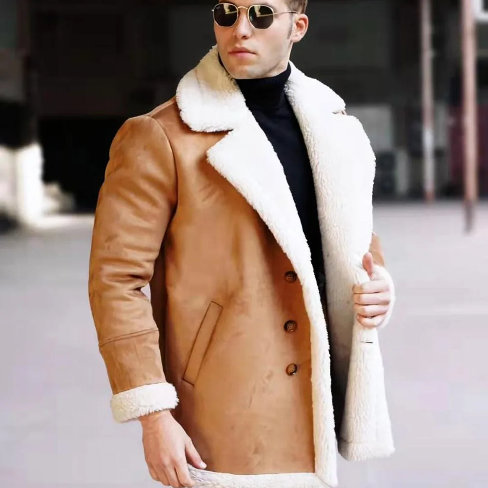 

Осенне-зимняя модная мужская куртка, коричневая замшевая куртка, модное мужское зимнее теплое плотное пальто с однобортными карманами