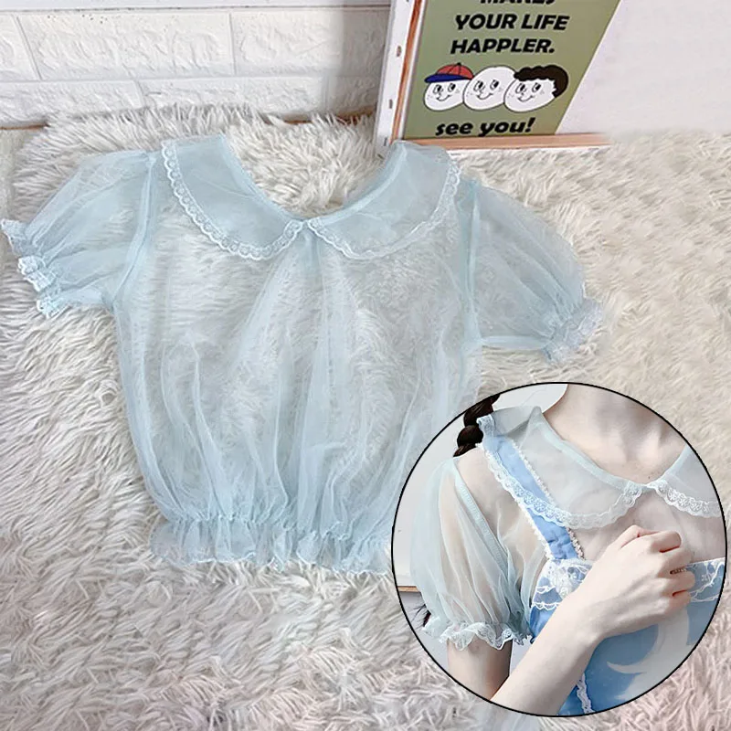Женские прозрачные сетчатые Топы с коротким рукавом милые кружевные в стиле