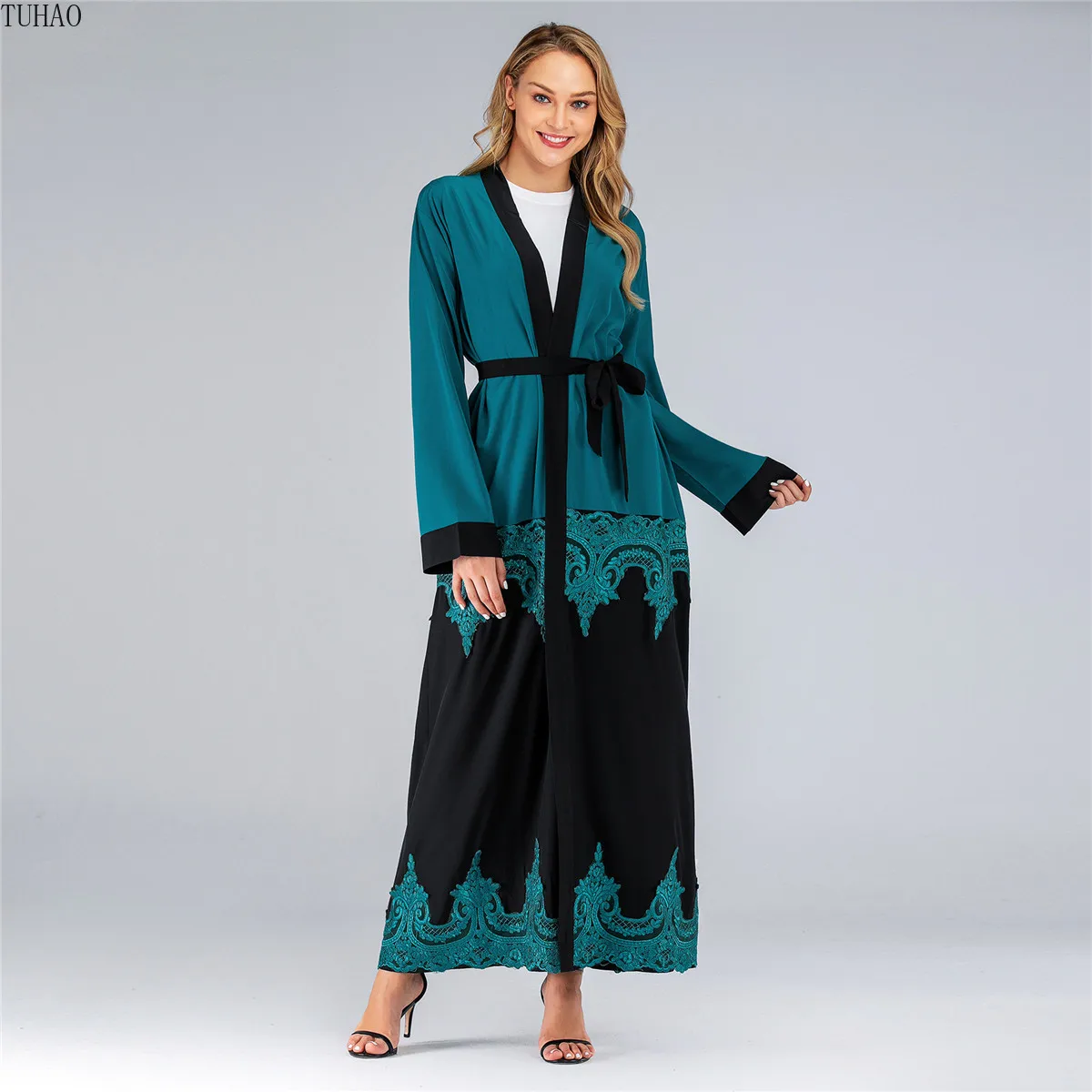 

Color Patchwork Open Stitch Kimono Long Coat Woman Outerwear Lace Stitching Elegant Cardigan Maxi Trench Coat Winbreaker T1753
