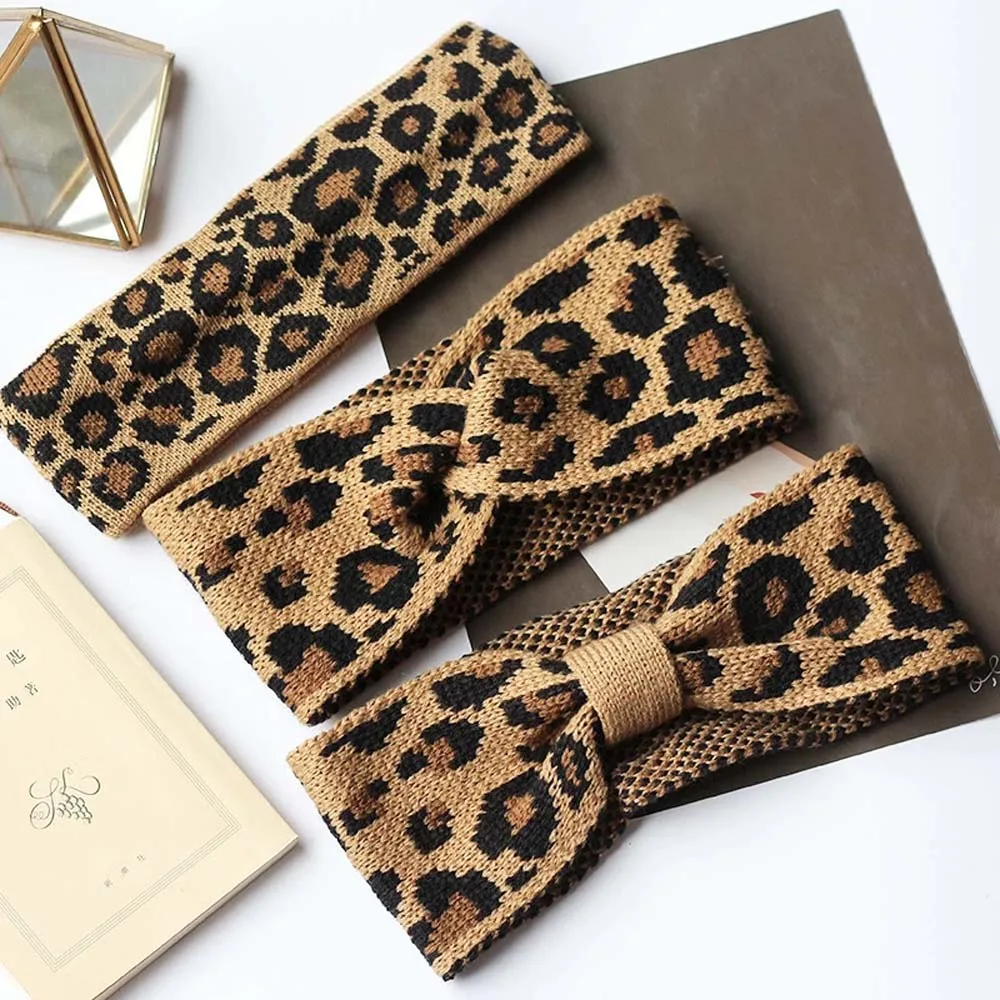 Леопардовая повязка на голову с бантом модные зимние теплые трикотажные повязки