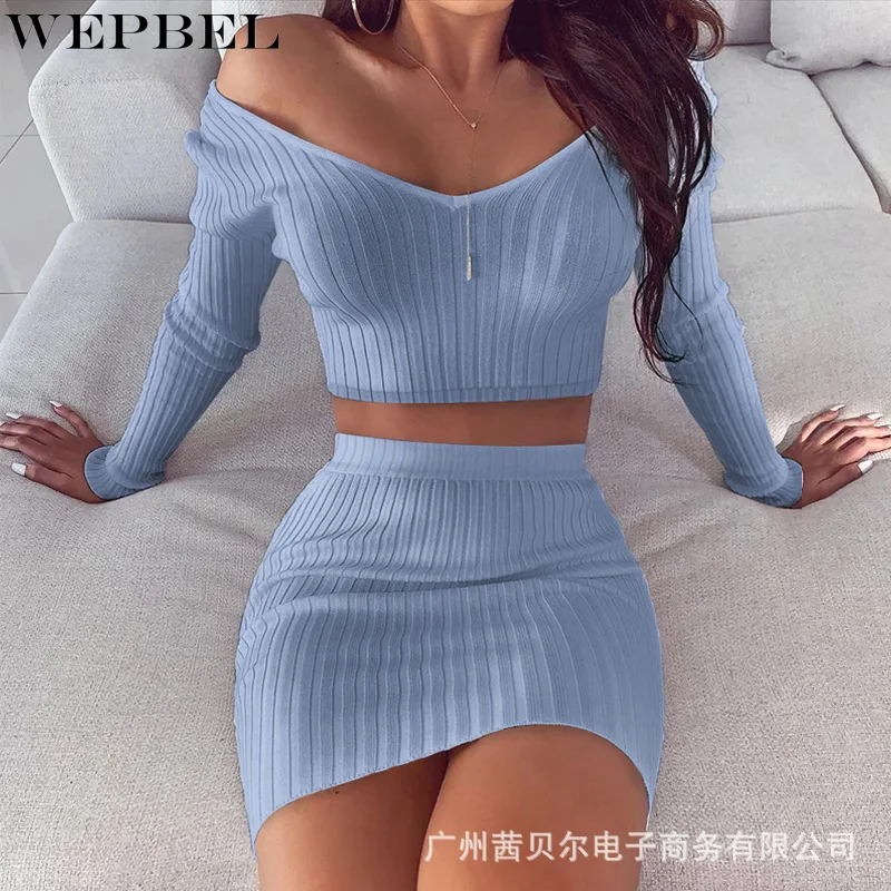 

WEPBEL Women's Sexy Printed Slim Fit Two-Piece Suit Autumn High Waist Striped Skirt + Long Sleeve Slash Neck V-neck Top Suit