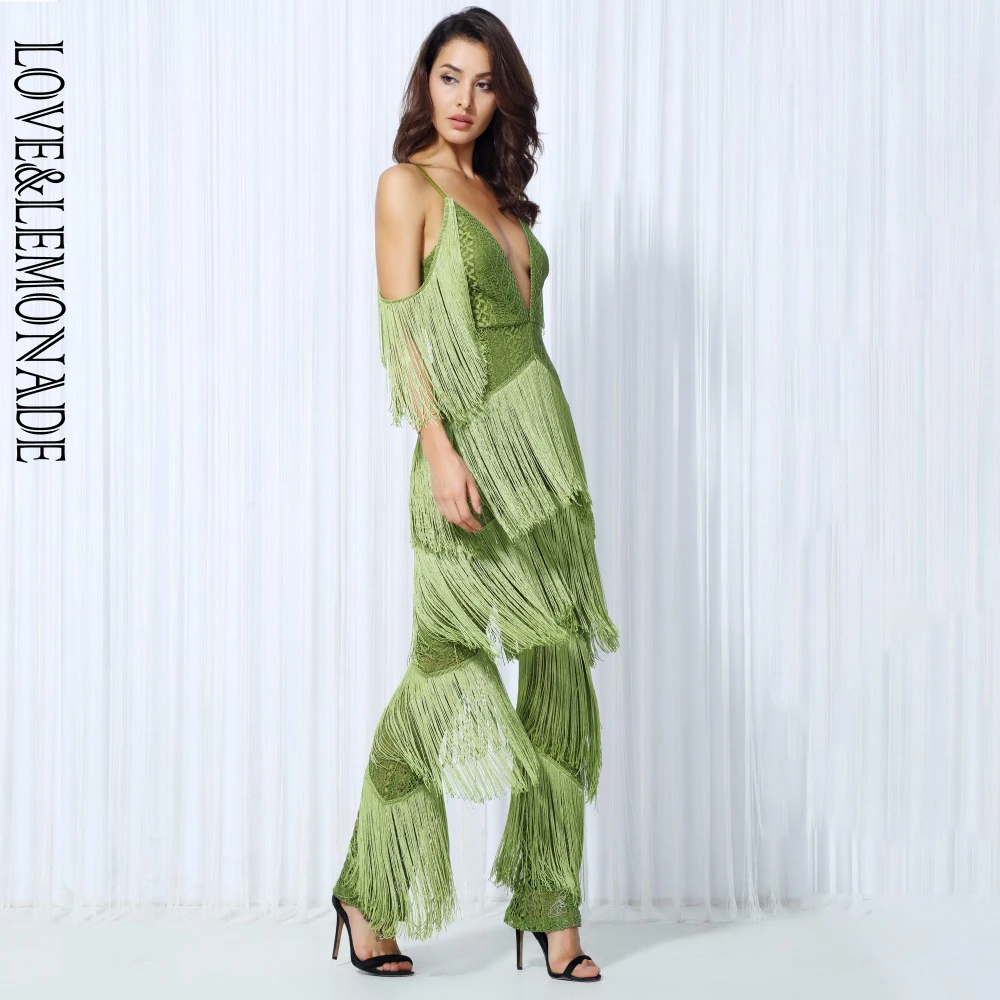 Комбинезон LOVE & LEMONADE черный с геометрическим узором и кружевной кисточкой