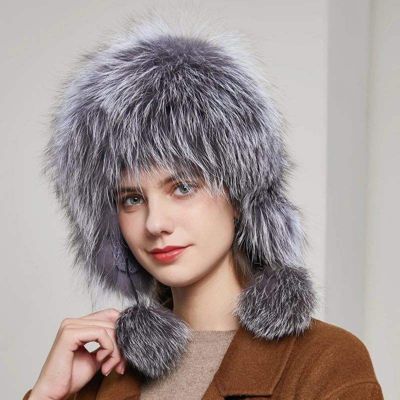 100% real fox fur hat winter women's new silver fox ear protection warm bombing hat Russia hot sale