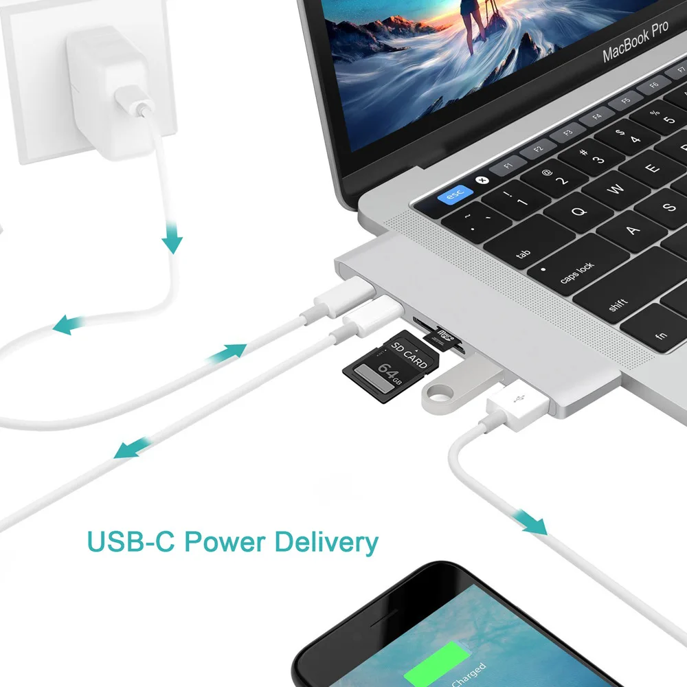 

USB 3.0 Type-C Hub к HDMI адаптеру 4K Thunderbolt 3 USB C Hub с Hub 3,1 TF SD Reader слот PD для MacBook Pro/Air 3,0-2018