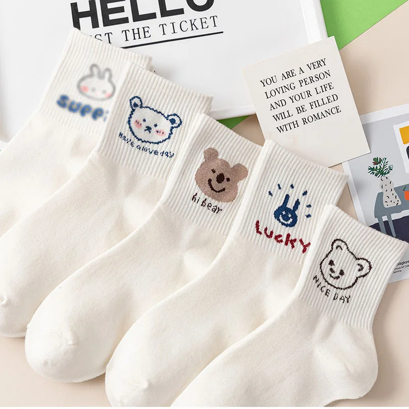 

1-2 Pair Women Cute Cartoon Socks Mid Calf Ribbed Korea White Kawaii Slouch Socks Women Girl Ankle Short Sock Female Calcetines