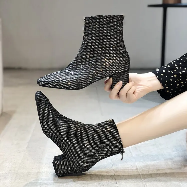 Женские сапоги носки на Высоком толстом каблуке с блестками цвет черный