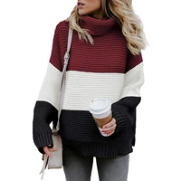 Women Autumn Winter Long Sleeves Turtleneck Sweater Stitching Color Pullover