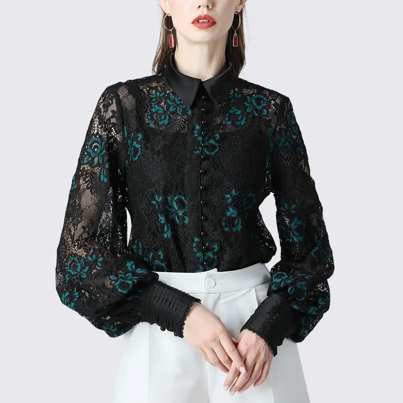 Кружевная блузка для женщин пикантные открытые с цветочной вышивкой рубашка