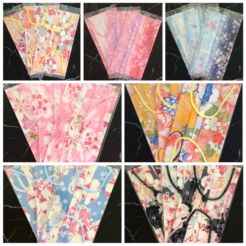 

50pcs Adult Disposable Mask Japanese Style Cherry Blossom /Fairy Crane Pattern Facemask 3-layer Dustproof Mask Mascarillas