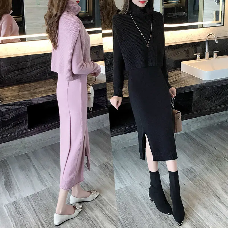 Женское трикотажное платье-двойка повседневное розовое платье-миди с длинным