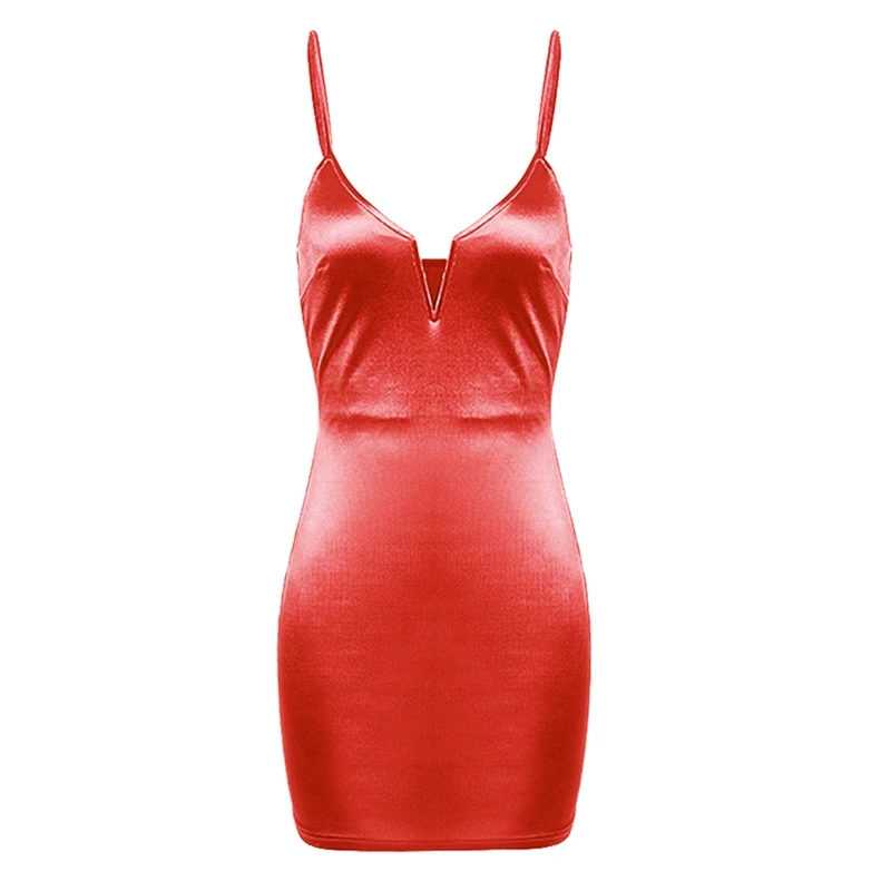 

Sexy Deep V Neck Satin Party Dress Women Spaghetti Strap Backless Mini Dress Casual Skinny Dress