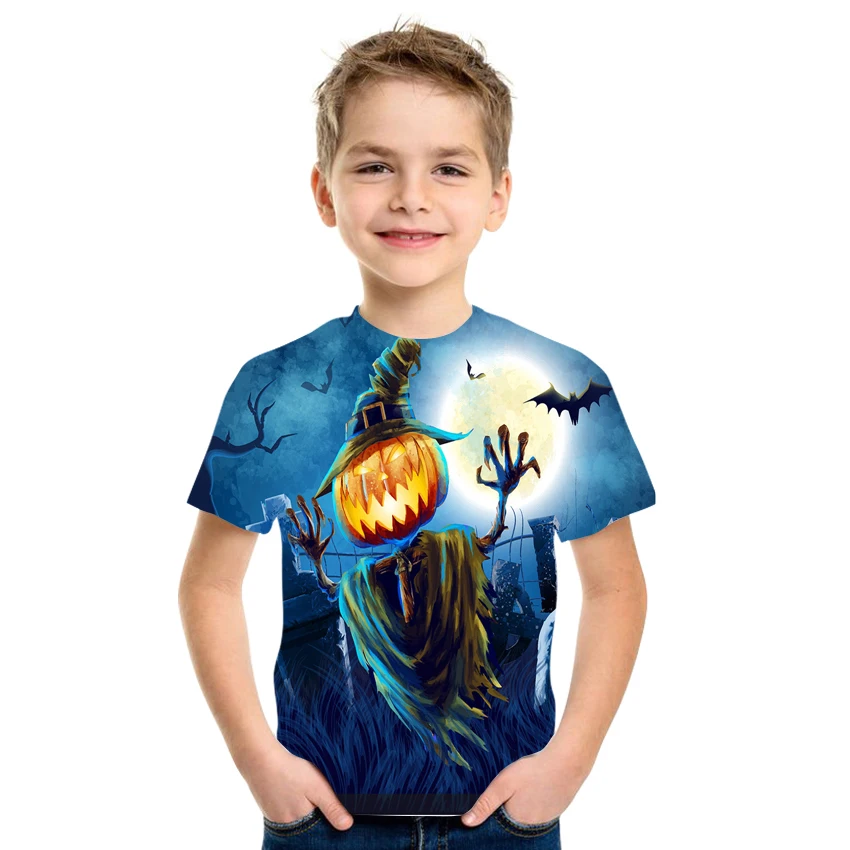 

2021 Children's Pumpkin Skull Print T-Shirt Funny Design Casual Short Sleeve Top Boy T-Shirt Kid's Halloween