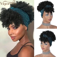 vigorous synthetic short headband wigs black afro kinky curly wig with bangs blue turban head wrap wigs for women