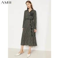 amii minimalism autumn womens floral dress elegant shirts dress high waist maxi dress office lady bandage long dresses 12120145