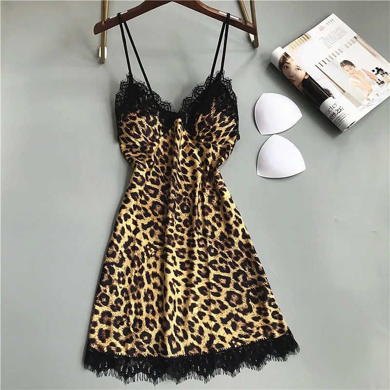 Женская сексуальная ночная рубашка с леопардовым принтом летняя Пижама Черная