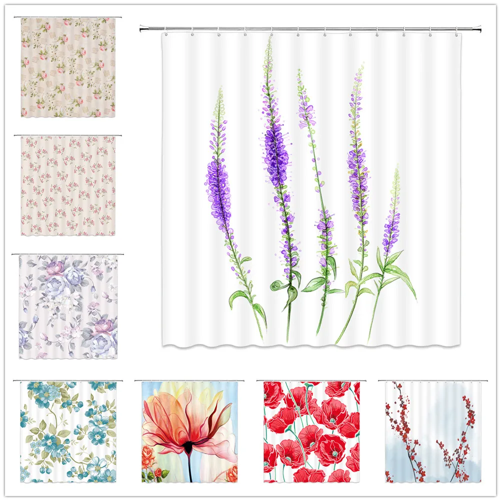 Цветы занавески для душа s зеленое растение красный фиолетовый цветок листья сад