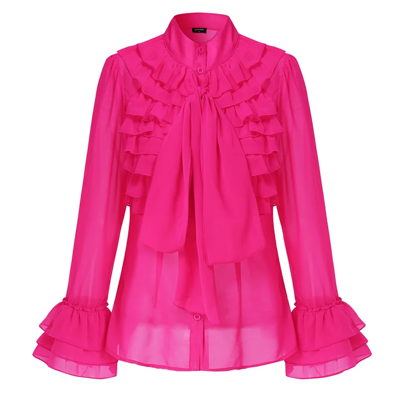 

Office Blouse VONDA Casual OL Style Stand Collar Ruffled Tops Loose Long Sleeved Button Up Bohemian Blusas Femininas
