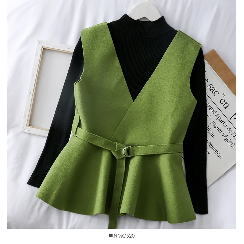 Amolapha Женский вязаный Топ пуловеры + твидовый ремень жилет пальто 2 шт наборы