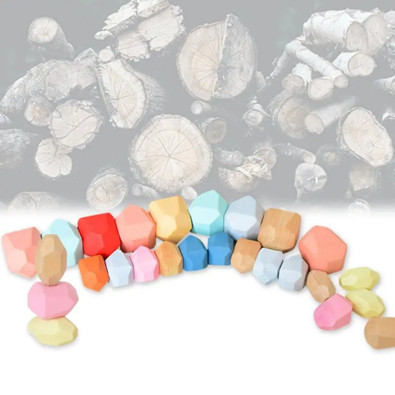 

36 Pcs Children Wooden Colored Stone Stacking Game Building Block Education Toy