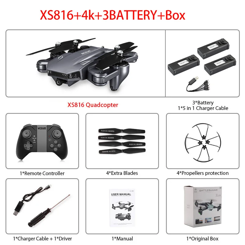 XS816 Радиоуправляемый Дрон оптический поток 4K Дрон с двойной камерой Wifi FPV Дрон управление жестом вертолет Квадрокоптер для детей - Цвет: XS816 4K 3B Box