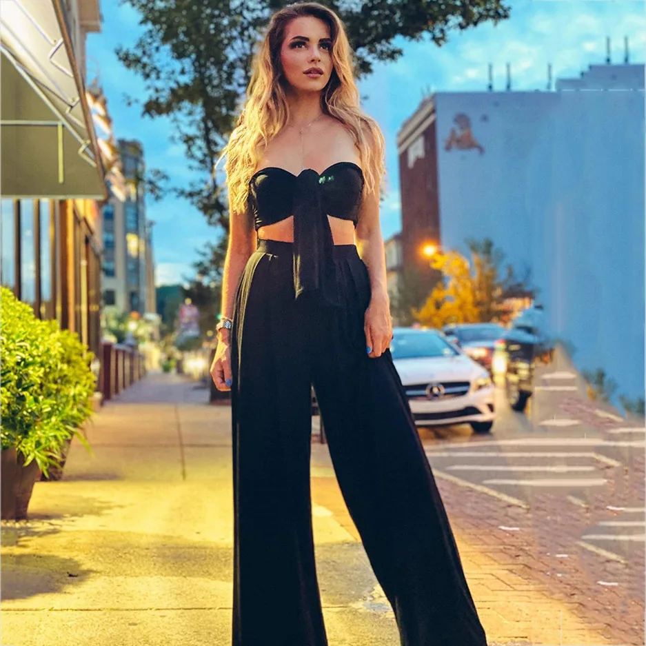 

2021 Summer New Pop Women's Fashion Casual Solid Color Lace Up Backless Strapless Top Pants Two Piece Suit